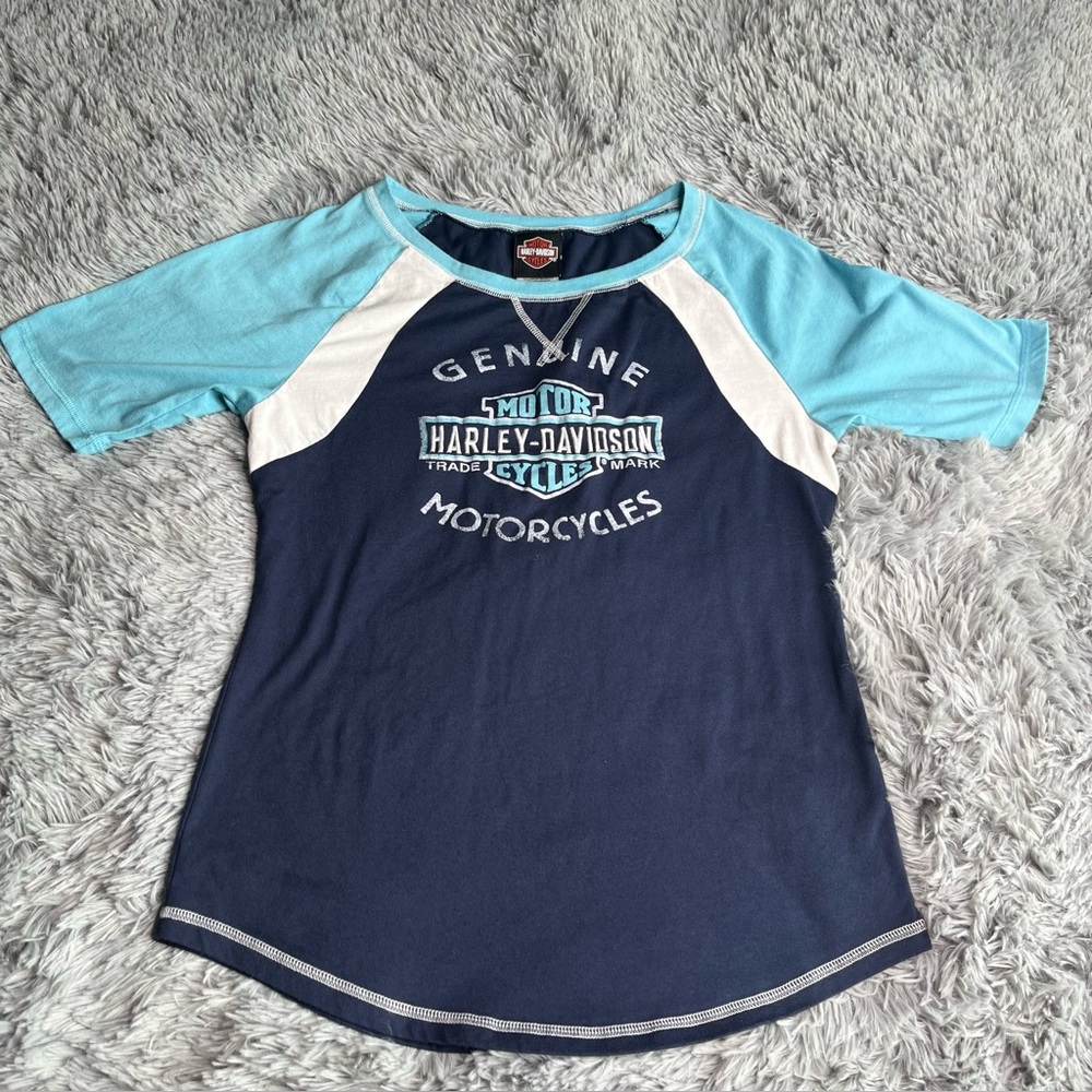 Harley Davidson Tshirt Womens Large Blue White Short Sleeve Motorcycle Iowa